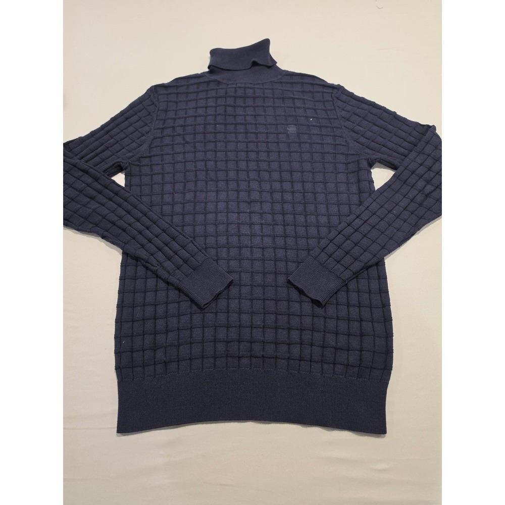 G-Star Raw Mens Turtleneck Sweater Navy Blue Grid Texture Knit Size S 0934